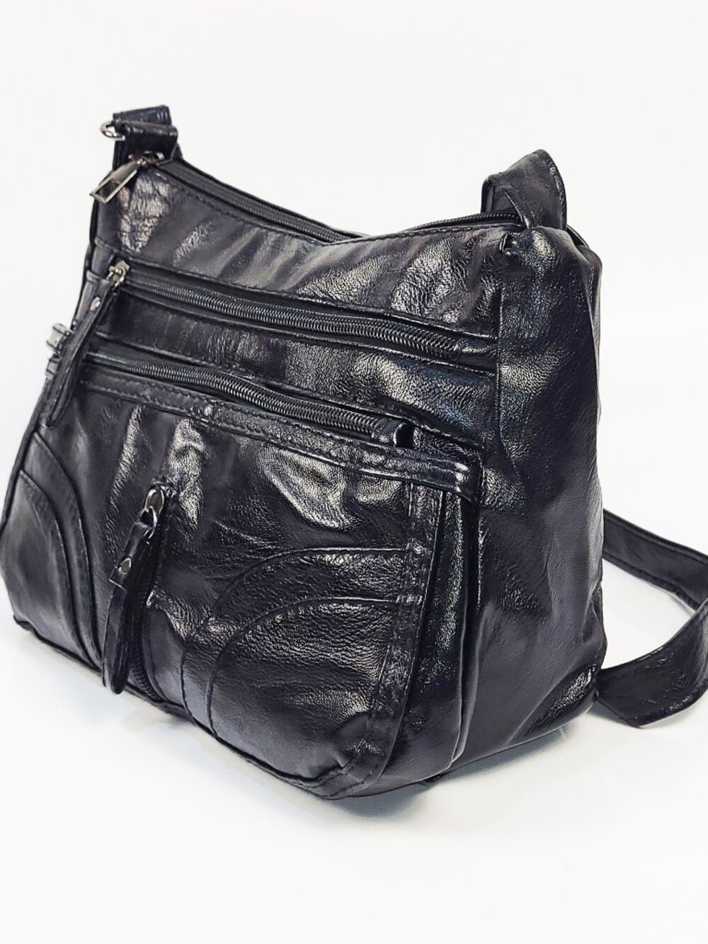 Vegan Shoulder Bag Crossbody Zipper Pockets Black Leather Adjustable Strap New